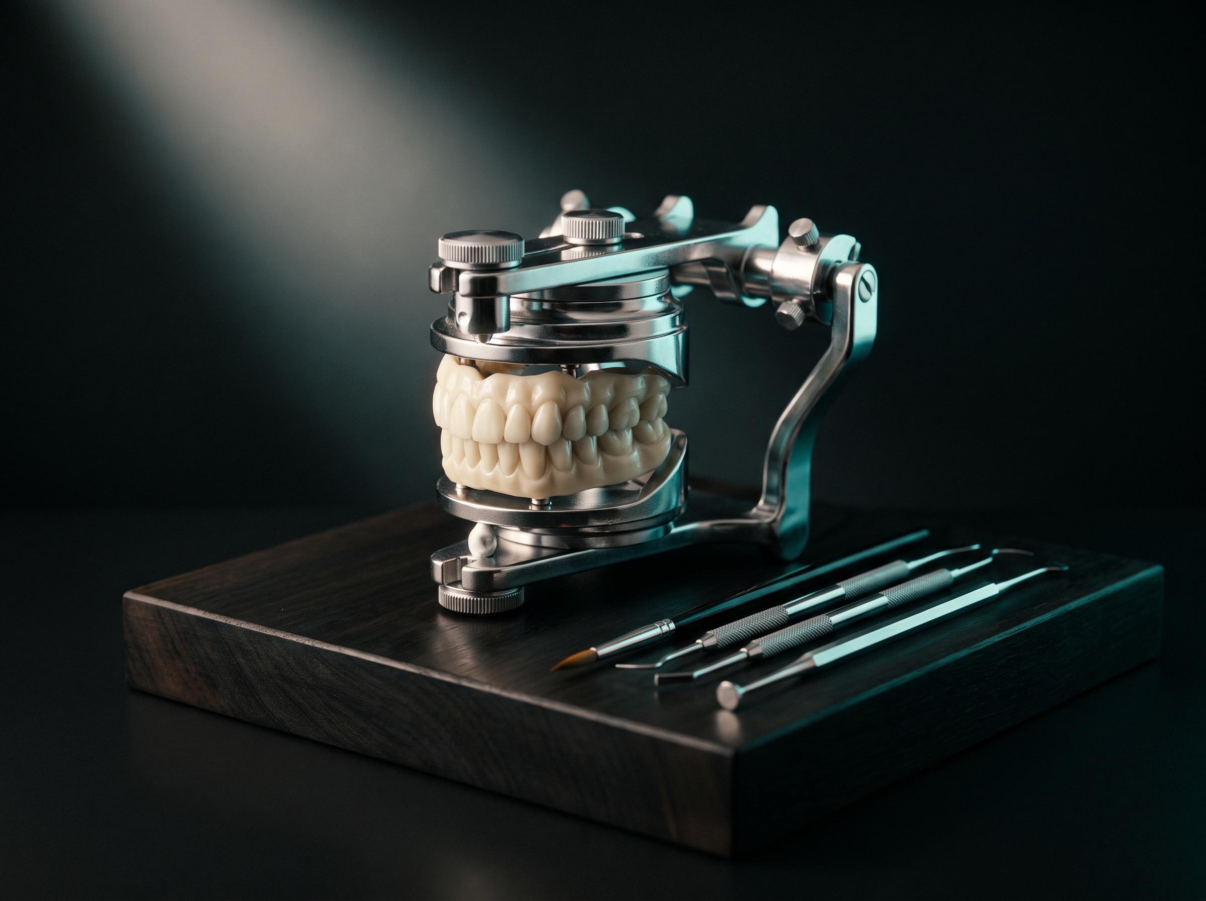 Articulador dental con modelos y restauraciones cerámicas sobre madera de ébano